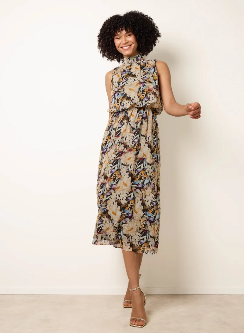 Blue Vanilla Wartercolour Printed Sleeveless Midi Dress