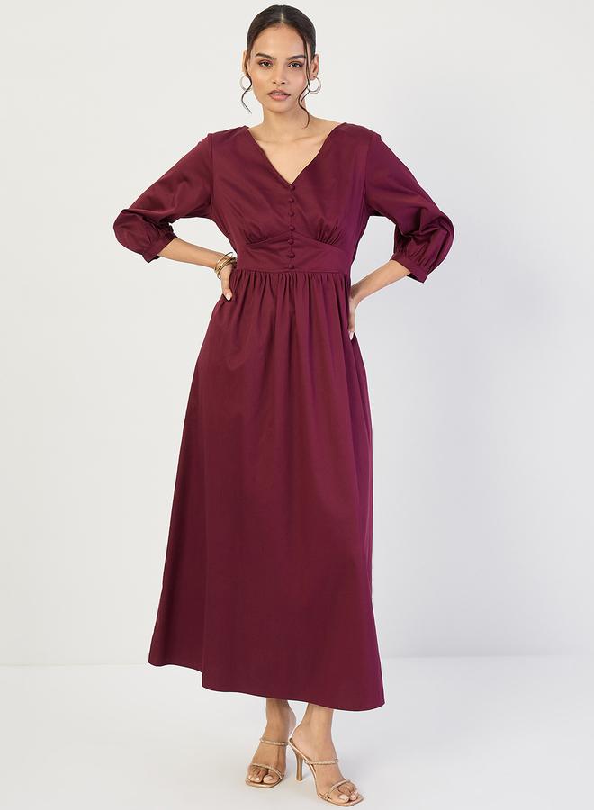 Femmella Wine Cotton Corset Detailing Maxi Dress - Image 2