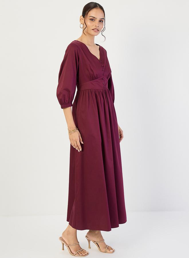 Femmella Wine Cotton Corset Detailing Maxi Dress - Image 4