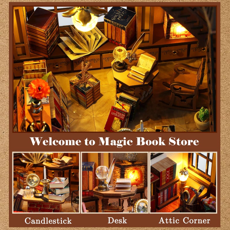 Quanquer Miniature House Kit: Magic Book Store Book Nook with Furniture and LED Light - DIY Kits for Adults - Wooden Doll House - Great Handmade Craft Model - Tiny House Decor Ideal Gifts - Image 5