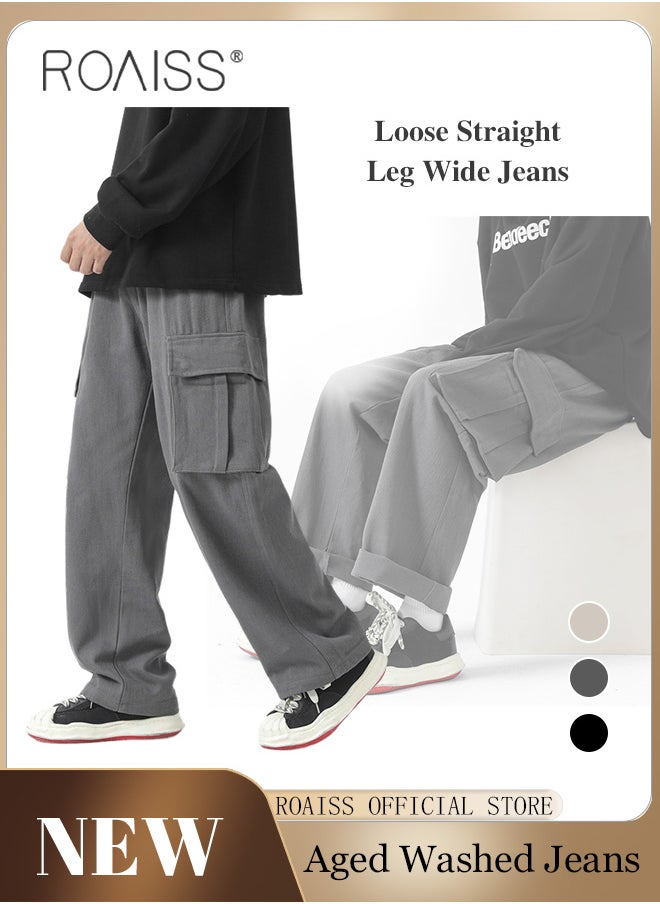 roaiss - Casual Cargo Pants for Men Youth Trendy Loose Fit Straight Leg Long Pants Functional Streetwear Overalls Trousers with Multi Pockets Street Style Functional Streetwear - Image 1