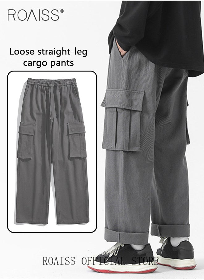 roaiss - Casual Cargo Pants for Men Youth Trendy Loose Fit Straight Leg Long Pants Functional Streetwear Overalls Trousers with Multi Pockets Street Style Functional Streetwear - Image 1