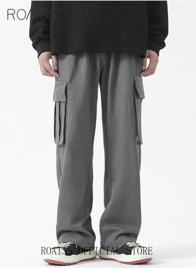 roaiss - Casual Cargo Pants for Men Youth Trendy Loose Fit Straight Leg Long Pants Functional Streetwear Overalls Trousers with Multi Pockets Street Style Functional Streetwear - Image 1