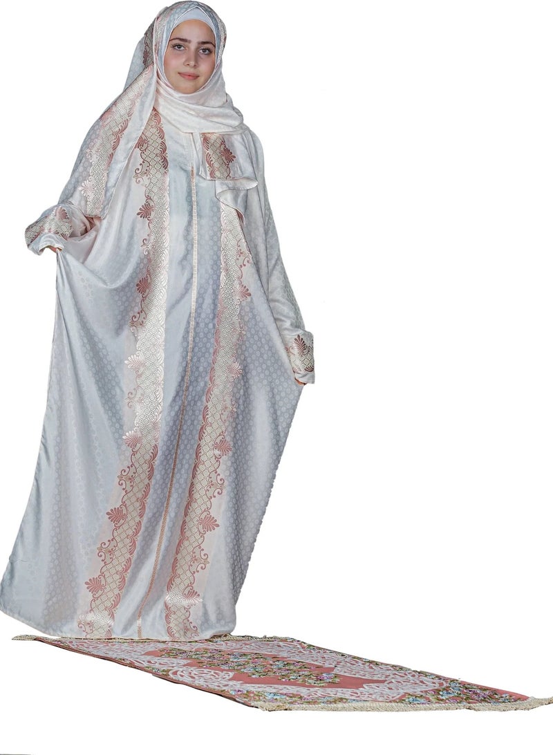 سندس مجموعة الصلاة ثوب الصلاة  وسجادة وغطاء مصحف للأناث مقاس كبير  لون سلفر  هدية رمضان - Image 3