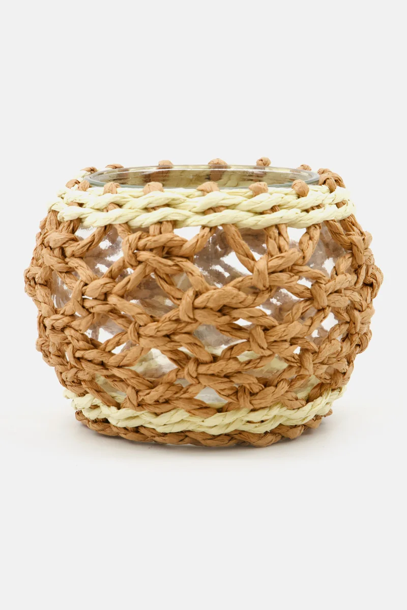 Muy Mucho Woven Pattern Glass Candle Holder 13 x 13 x 10,5 cm, Assorted
