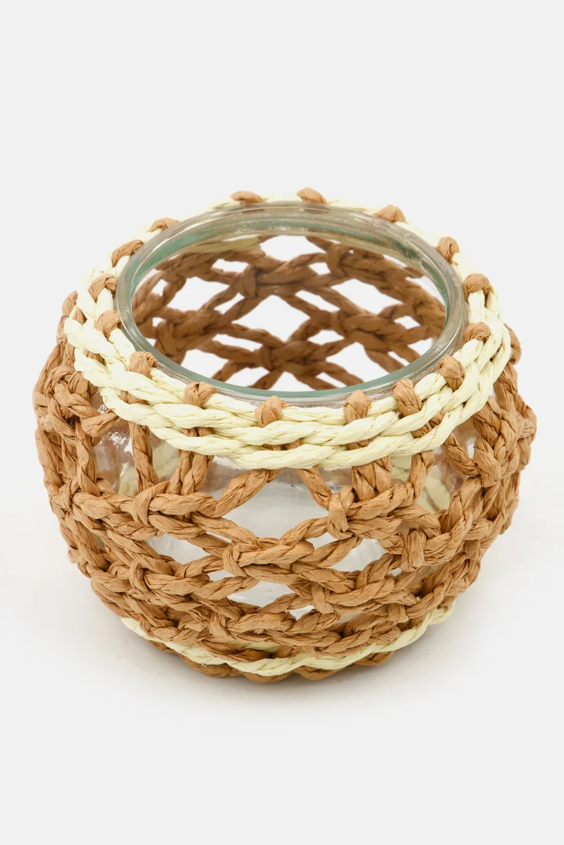 Muy Mucho Woven Pattern Glass Candle Holder 13 x 13 x 10,5 cm, Assorted