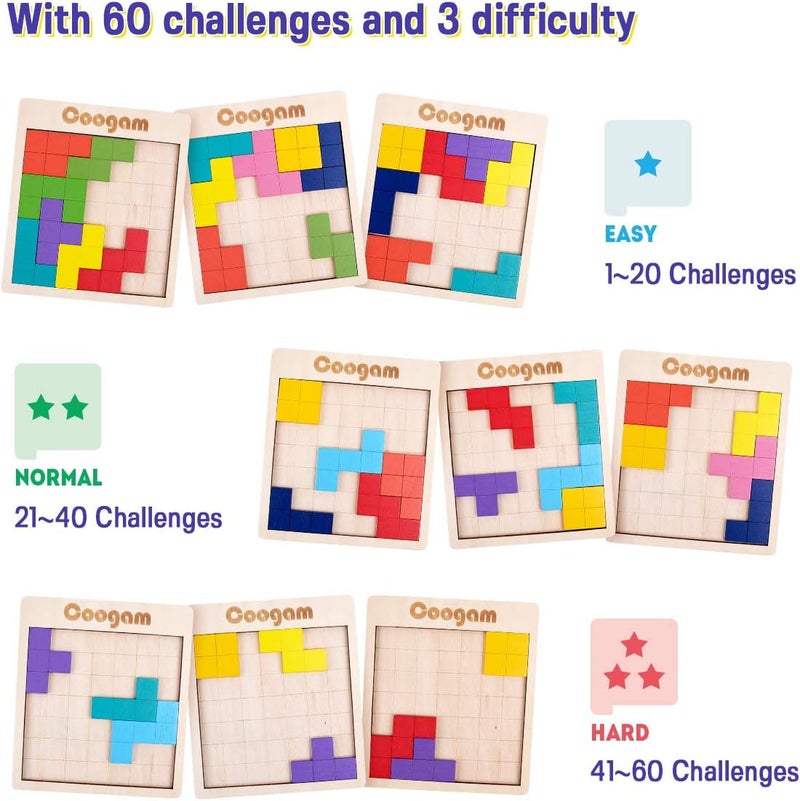 Coogam Wooden Puzzle Pattern Blocks Brain Teasers Game with 60 Challenges, 3D Russian Building Toy Wood Tangram Shape Jigsaw Puzzles Montessori STEM Educational Toys Gift for Kids Adults - Image 4
