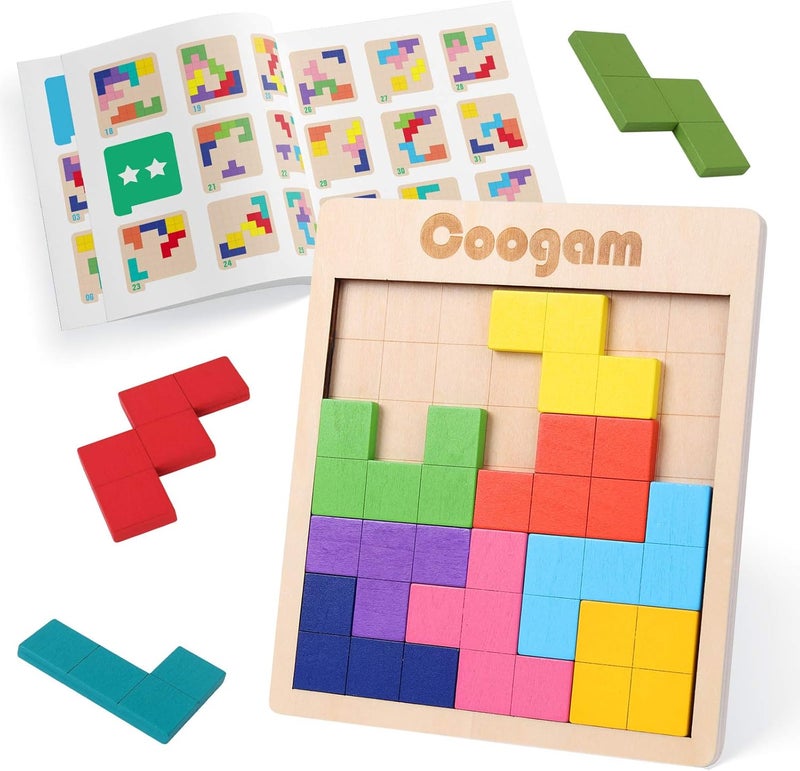Coogam Wooden Puzzle Pattern Blocks Brain Teasers Game with 60 Challenges, 3D Russian Building Toy Wood Tangram Shape Jigsaw Puzzles Montessori STEM Educational Toys Gift for Kids Adults - Image 1