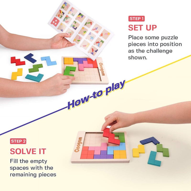 Coogam Wooden Puzzle Pattern Blocks Brain Teasers Game with 60 Challenges, 3D Russian Building Toy Wood Tangram Shape Jigsaw Puzzles Montessori STEM Educational Toys Gift for Kids Adults - Image 3