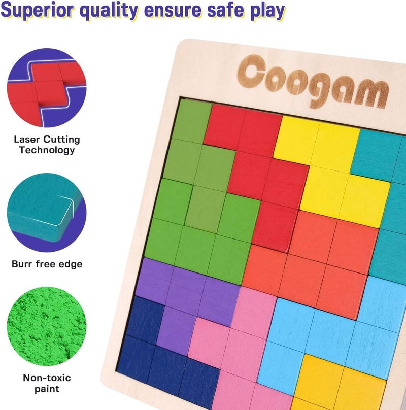 Coogam Wooden Puzzle Pattern Blocks Brain Teasers Game with 60 Challenges, 3D Russian Building Toy Wood Tangram Shape Jigsaw Puzzles Montessori STEM Educational Toys Gift for Kids Adults - Image 5
