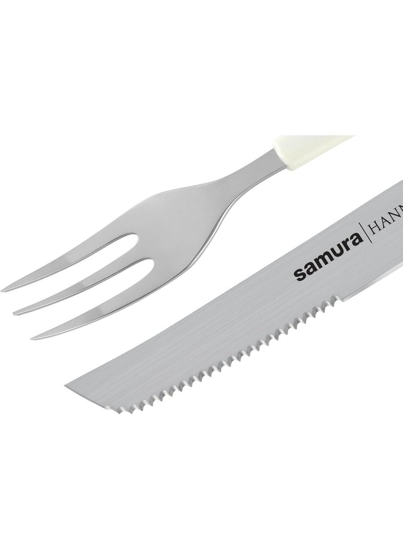 Samura HANNIBAL Steak Knife and Fork Set for 4 Persons, 130 mm | 4 Knives + 4 Forks | 8-Pcs Stainless Steel Steak Knives with Partially Serrated Blades | White Pearlescent, WHITE Handles | Premium Steak Cutlery Gift for Steak Lovers - Image 3