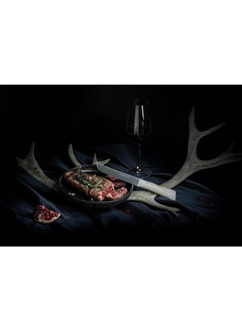 Samura HANNIBAL Steak Knife and Fork Set for 4 Persons, 130 mm | 4 Knives + 4 Forks | 8-Pcs Stainless Steel Steak Knives with Partially Serrated Blades | White Pearlescent, WHITE Handles | Premium Steak Cutlery Gift for Steak Lovers - Image 2