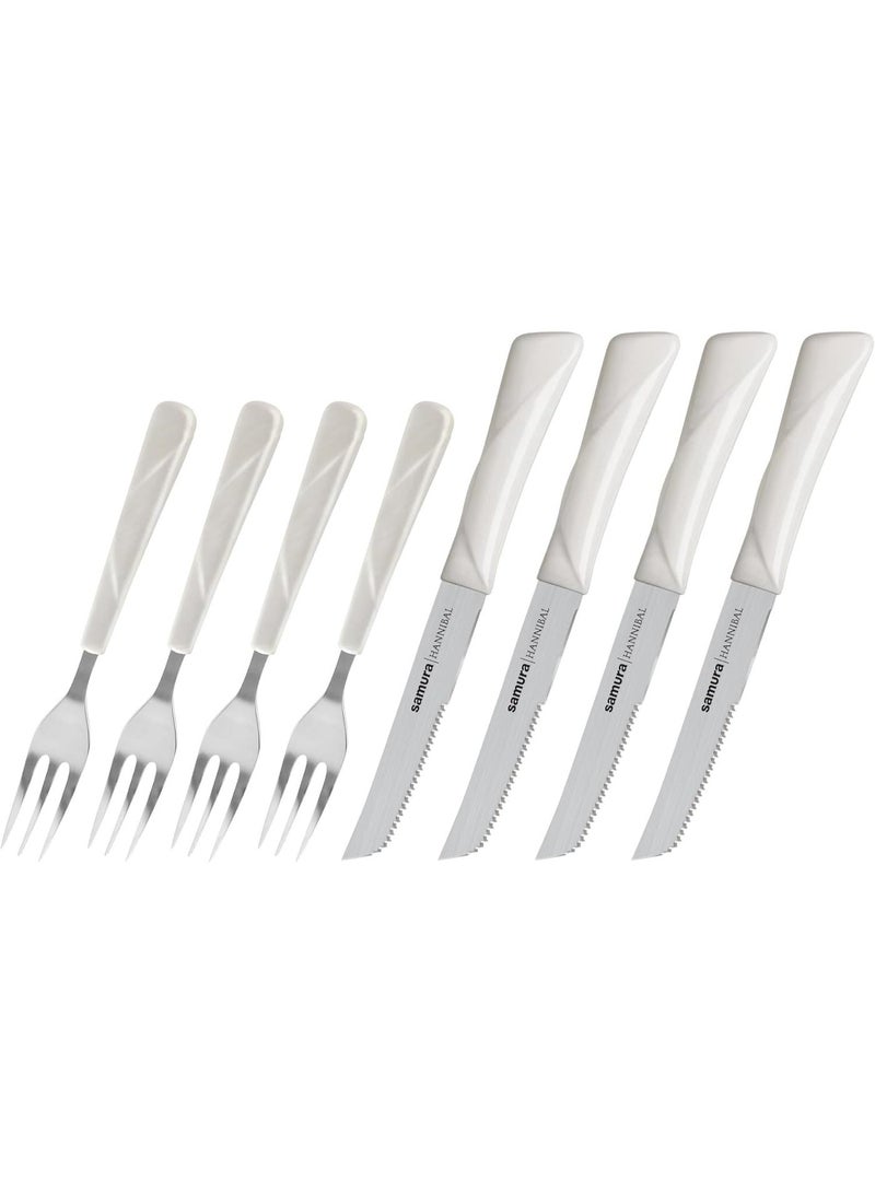 Samura HANNIBAL Steak Knife and Fork Set for 4 Persons, 130 mm | 4 Knives + 4 Forks | 8-Pcs Stainless Steel Steak Knives with Partially Serrated Blades | White Pearlescent, WHITE Handles | Premium Steak Cutlery Gift for Steak Lovers - Image 1