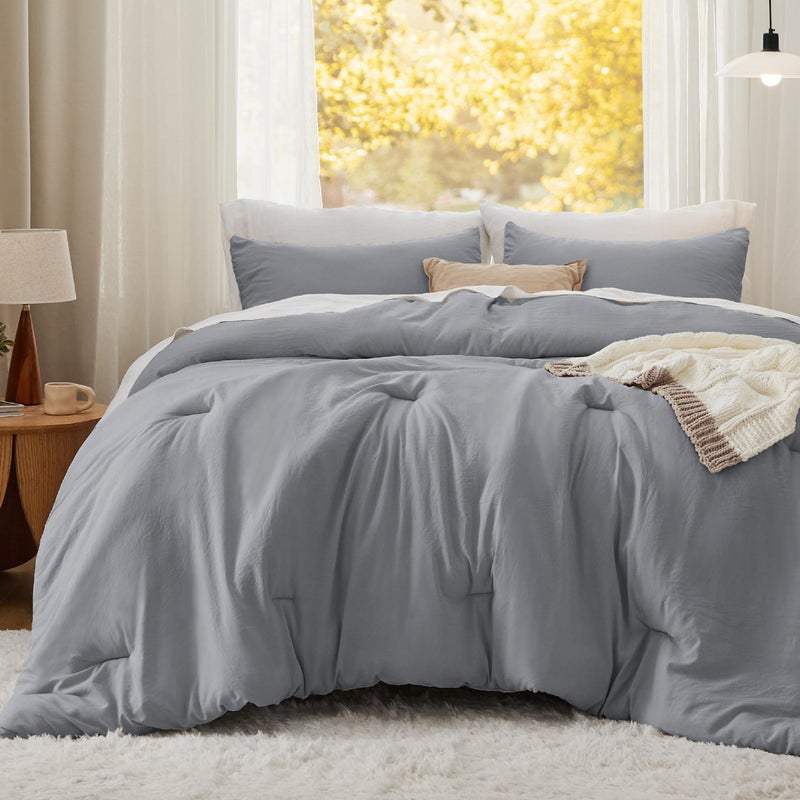 Bedsure King Comforter Set, Grey Soft Prewashed Bedding for All Seasons, 3 Pieces GentleSoftâ„¢ Bed Set, 1 Lightweight Comforter (104"x90") and 2 Pillowcases (20"x36") - Image 2