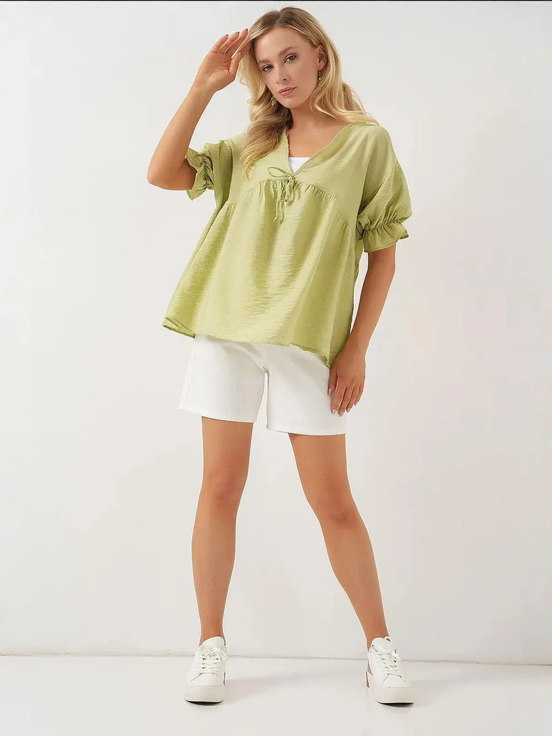 BIG DART BDART Textured V-Neck Blouse with Bow