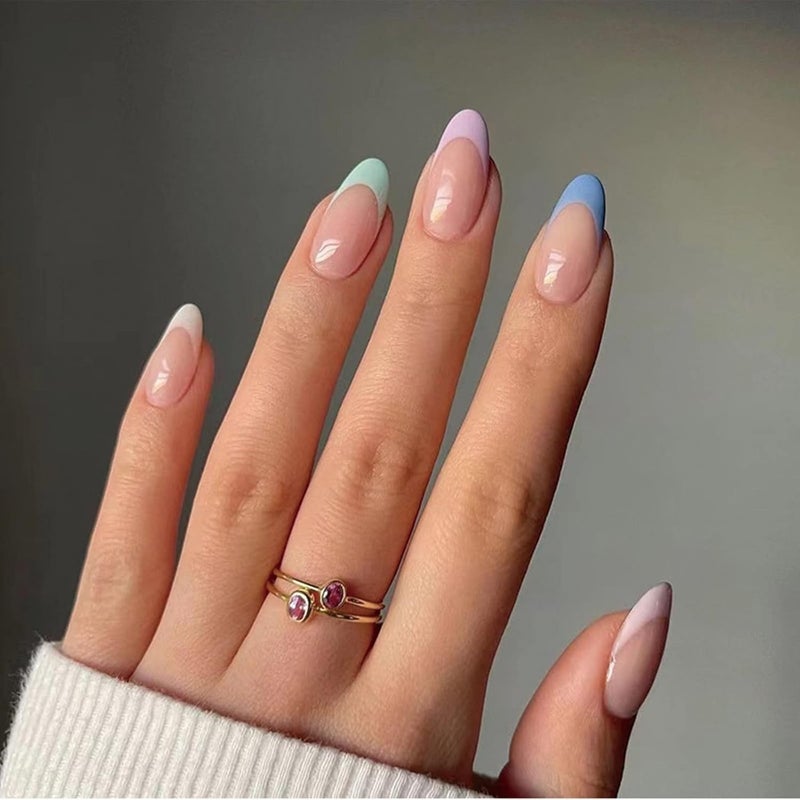 JUSTOTRY 24 Pcs Rainbow Almond Short False NailsColourful French Tip Press on Nails PatternPastel Fake Nails MediumOval Stick on Nail for Women Nail Art