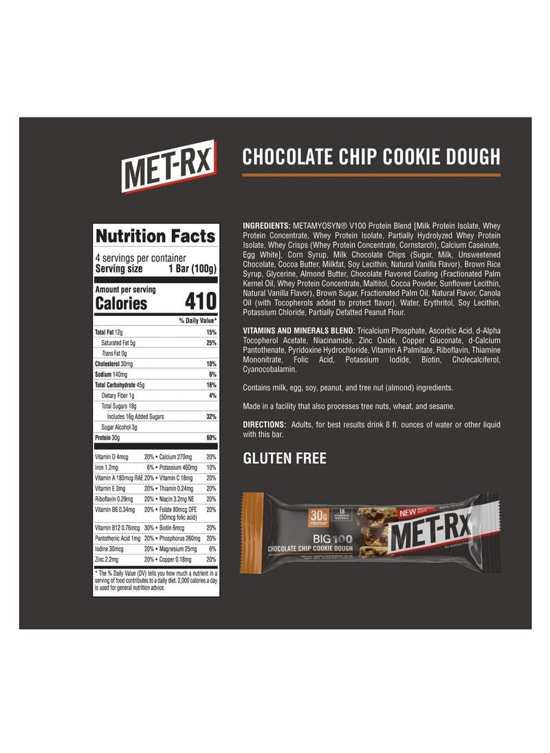 MET-Rx - MET-Rx Big 100 Meal Replacement Protein Bar Chocolate Chip Cookie Dough Pack of 9 - Image 1
