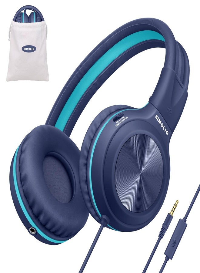 SIMOLIO Wired Kids Headphones for School with Microphone, Volume Limiting & Noise Cancelling PC Headset with Cord, Plug in Headphones for Tablet, Laptop (Navy Blue) - Image 1