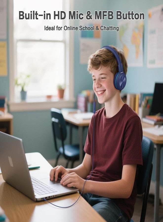 SIMOLIO Wired Kids Headphones for School with Microphone, Volume Limiting & Noise Cancelling PC Headset with Cord, Plug in Headphones for Tablet, Laptop (Navy Blue) - Image 2