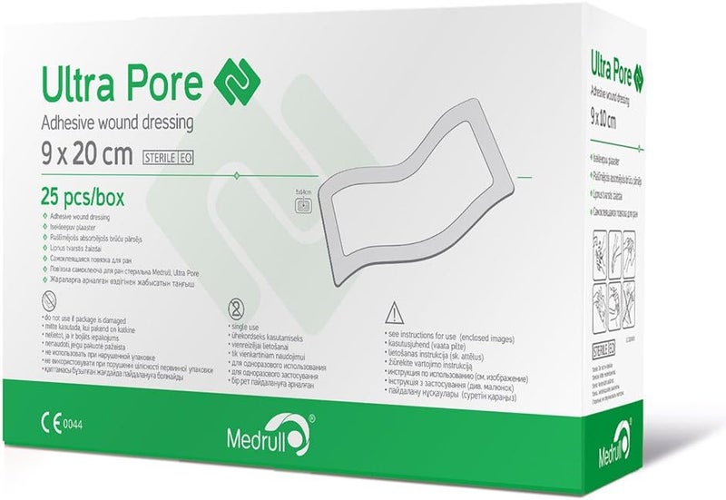 MEDRULL Ultra Pore Sterile Adhesive Wound Dressing Plaster 25 Pieces, 20cm Length x 9cm Width - Image 1