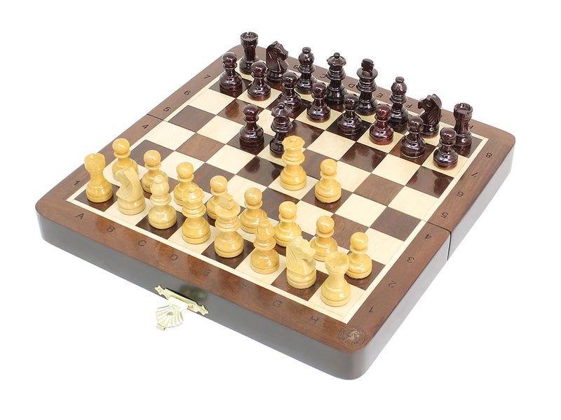 House of Chess 8 Inch Wooden Magnetic Folding Travel Chess Set Board with Algebraic Notation 2 Extra Pawns 2 Extra Queens Handmade Ringy Rosewood - Image 3
