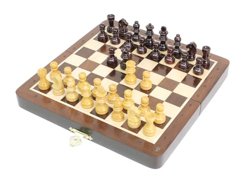 House of Chess 8 Inch Wooden Magnetic Folding Travel Chess Set Board with Algebraic Notation 2 Extra Pawns 2 Extra Queens Handmade Ringy Rosewood - Image 1