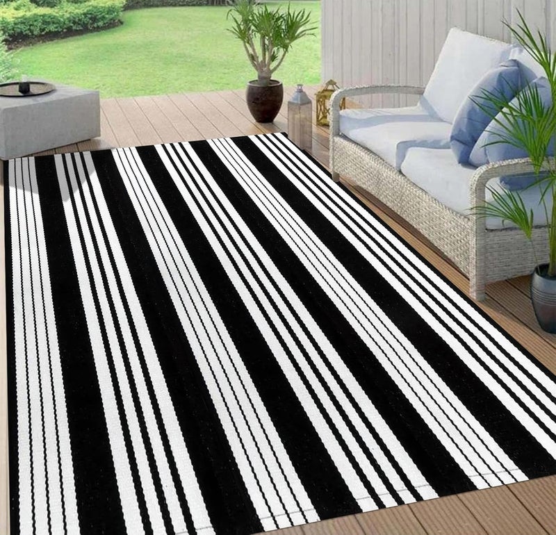 BUAGETUP Black and White Outdoor Patio Rug,5x8ft Striped Outdoor Rug Machine Washable Hand Woven Cotton for Living Room Front Porch - Image 1