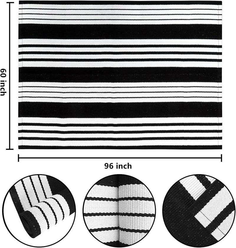 BUAGETUP Black and White Outdoor Patio Rug,5x8ft Striped Outdoor Rug Machine Washable Hand Woven Cotton for Living Room Front Porch - Image 2