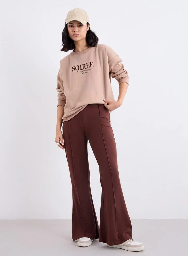 Styli Styli Women Tan Oversized Slogan Print Sweatshirt