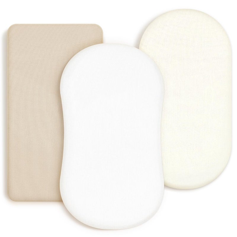 GRSSDER Stretchy Ultra Soft Fitted Bassinet Sheet 3 Pack Universal Fit for Bassinets Baby Cradle Moses Basket Oval Rectangle Mattress Safe and Snug Jersey Bassinet Sheets for Girls CreamBeige - Image 2