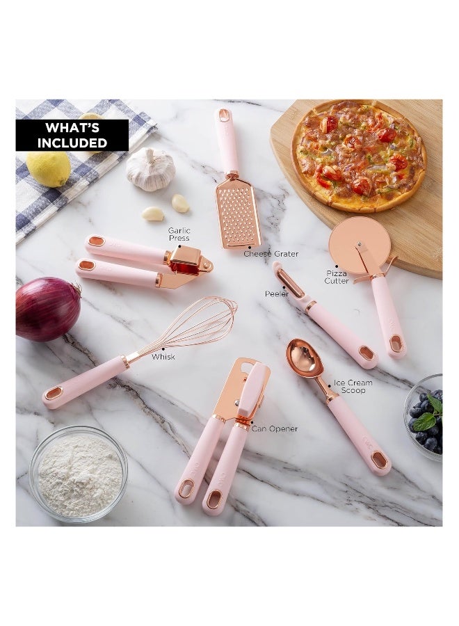 7 Piece Kitchen Gadget Set Copper Coated Stainless Steel Utensils, Soft Touch, Pink Handles - Image 2