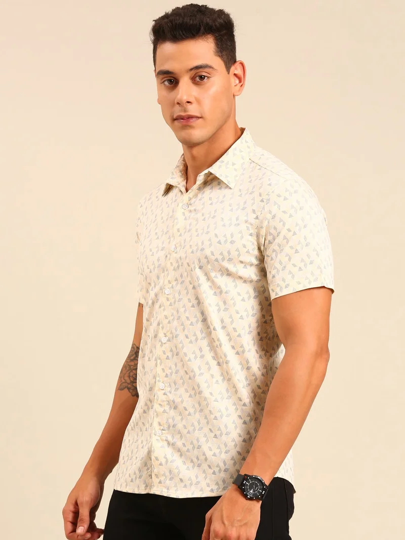 Joven Beige Printed Cotton Shirt for Men