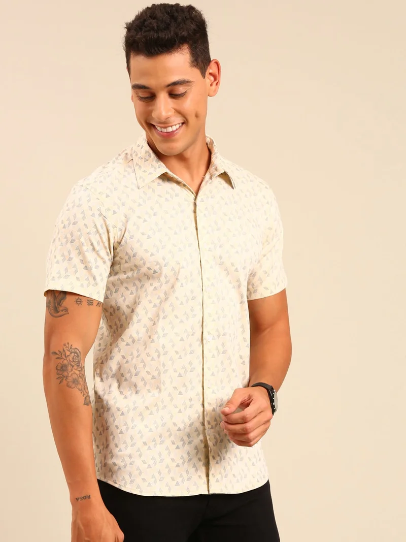 جوفن قميص قطني مطبوع بيج للرجال