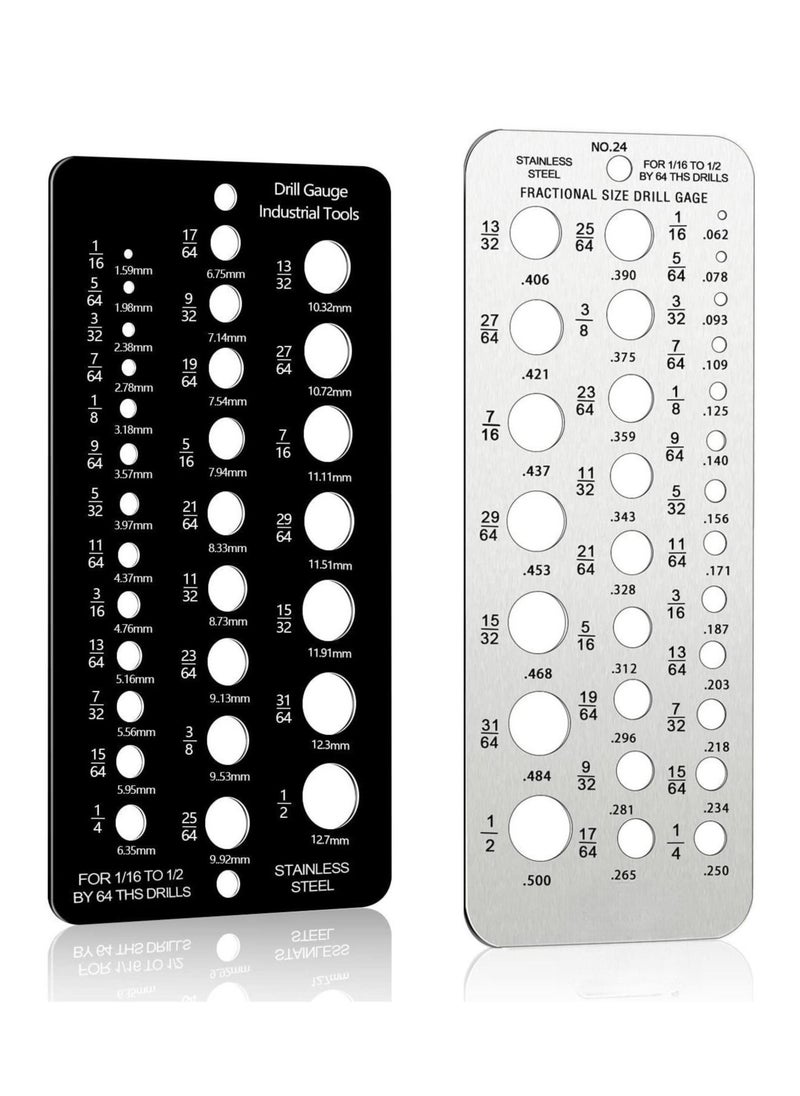 SYOSI 2 Pieces Fractional Drill Bit Size Gauge Drill Bit Gauge Stainless Steel Drill Gauge 29 Holes Metal Drill Size Gauge Tool for 1/16 Inch to 1/2 Inch Size Bits Measurement (Silver+Black)  - Image 1