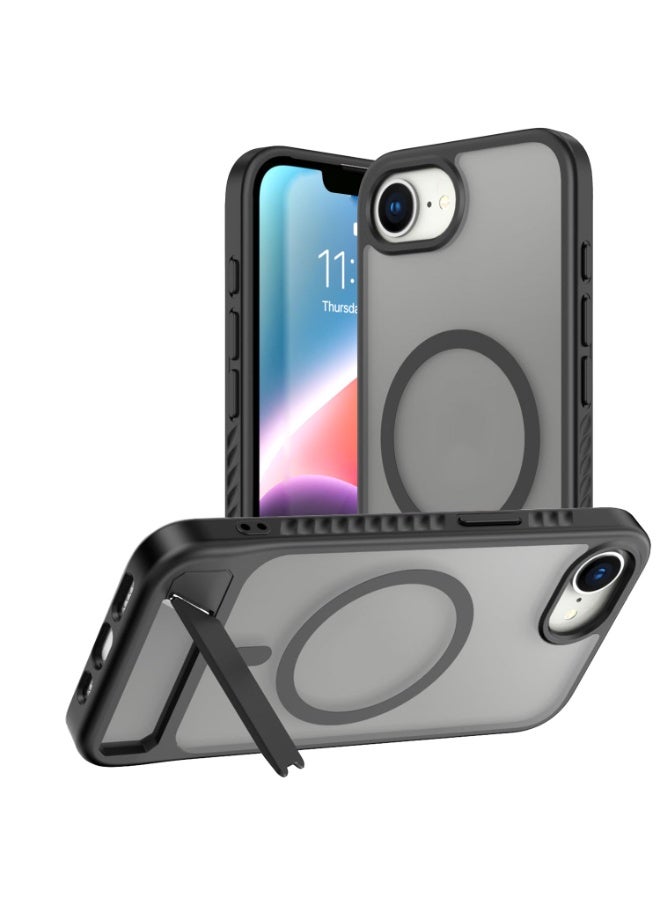 Astralxipher Strong Magnetic Shockproof iPhone 16E Case - Frosted Black Semi-Transparent Back | Hidden Stand (Horizontal/Vertical) + Anti-Slip Grip | Compatible with iPhone 16E - Image 1