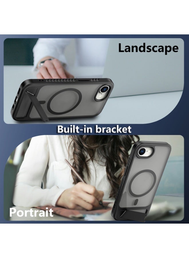 Astralxipher Strong Magnetic Shockproof iPhone 16E Case - Frosted Black Semi-Transparent Back | Hidden Stand (Horizontal/Vertical) + Anti-Slip Grip | Compatible with iPhone 16E - Image 3