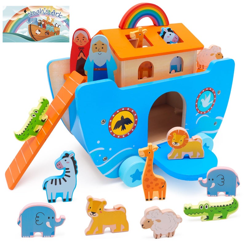 Yelakey Wooden Noahs Ark Toy Baptism Gifts for 1 2 3 4 Years Old Baby Boy and Girl Montessori Educational Toy for Toddlers with Bible Story Animal Shape Sorter - Image 3