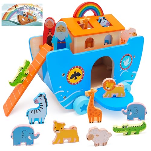 Yelakey Wooden Noahs Ark Toy Baptism Gifts for 1 2 3 4 Years Old Baby Boy and Girl Montessori Educational Toy for Toddlers with Bible Story Animal Shape Sorter - Image 1