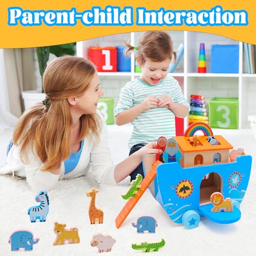 Yelakey Wooden Noahs Ark Toy Baptism Gifts for 1 2 3 4 Years Old Baby Boy and Girl Montessori Educational Toy for Toddlers with Bible Story Animal Shape Sorter - Image 5