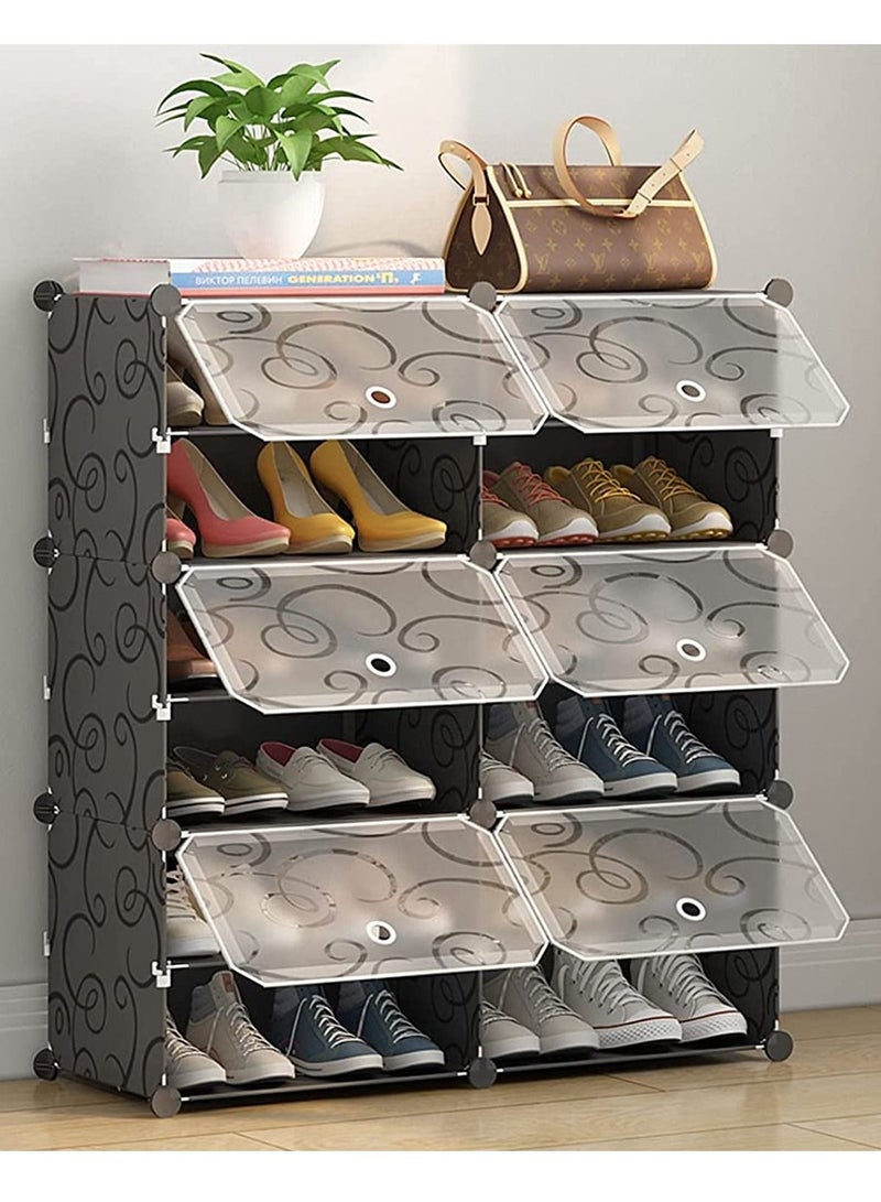 رف أحذية 6 مكعب 12 خلية، وحدة درج تخزين متعددة الاستخدامات، منظم بلاستيكي مع أبواب، نمط متعرج باللونين الأسود والأبيض - Image 1