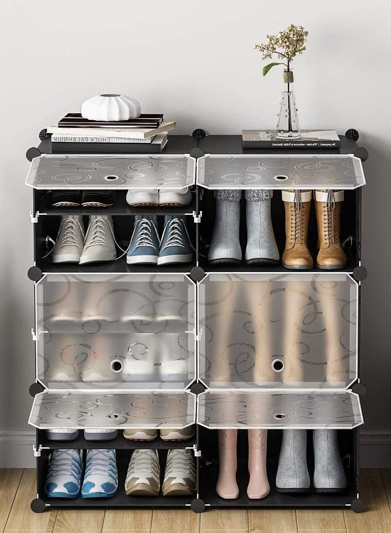 رف أحذية 6 مكعب 12 خلية، وحدة درج تخزين متعددة الاستخدامات، منظم بلاستيكي مع أبواب، نمط متعرج باللونين الأسود والأبيض - Image 2