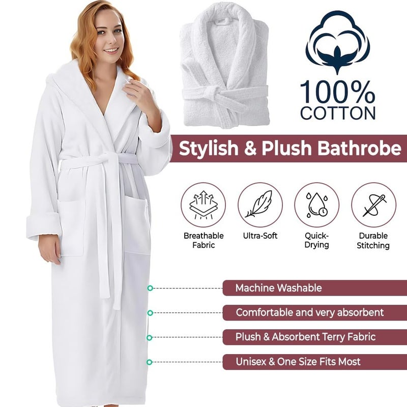 KAHAF COLLECTION Cotton Terry Robes for Women and Men, Lightweight Terry Shawl Collar Bathrobe, Full Length, ONE SIZE - UNISEX Men & Women Spa Robe (Cotton, White) - Image 2