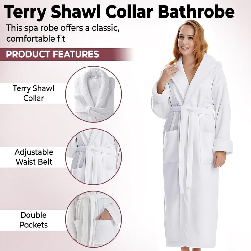 KAHAF COLLECTION Cotton Terry Robes for Women and Men, Lightweight Terry Shawl Collar Bathrobe, Full Length, ONE SIZE - UNISEX Men & Women Spa Robe (Cotton, White) - Image 3