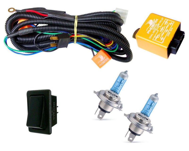 Auto Pearl Phoenix Headlamp High Power 100/90W & 130/100W Wiring Harness Kit with Relay, Switch & Halonix H4 12V 130/100W White Ultra Blue Halogen Bulb For - Chevrolet Spark - Image 2