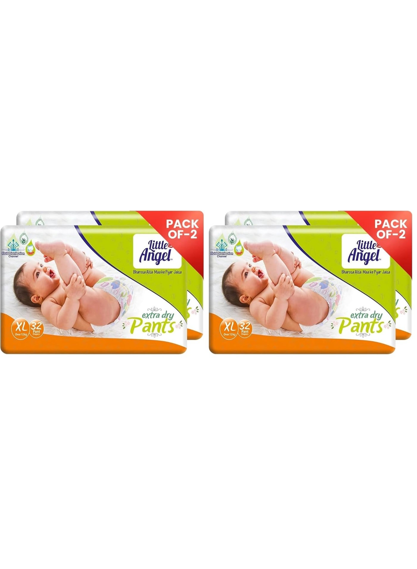 Little Angel Extra Dry Baby Pants Diaper, Extra Large (XL) Size, 128 Count, Super Absorbent Core Up to 12 Hrs Protection & Wetness Indicator, Pack of 4, 32 count/pack, Over 12kg