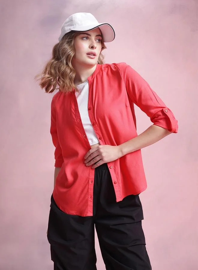 Dressberry Womens Pink Long Sleeve Mandarin Collar Shirt