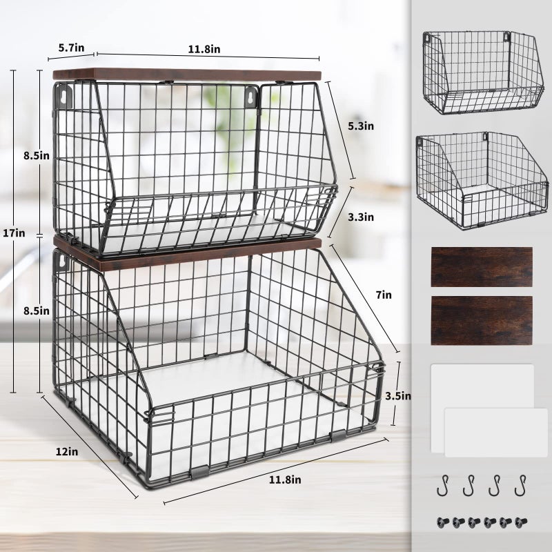 Mefirt Fruit Basket, Stackable Wall Mounted Fruit Baskets, Potato Baskets Onion Storage for Kitchen, Hanging Wire Basket with Wood Lid, 2-Tier Vegetable Organizer Kitchen Countertop Organization - Image 2