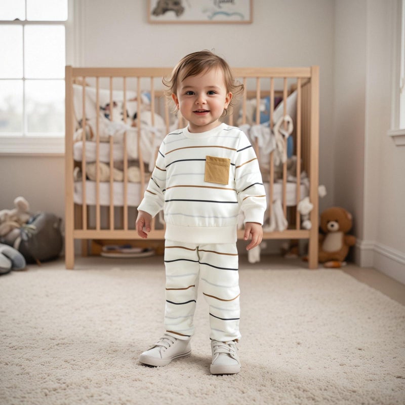 CIYCUIT Toddler Baby Boy Clothes Long Sleeve Striped Sweatshirt Pants Set Fall Winter Outfits White 0-6 Months - Image 2