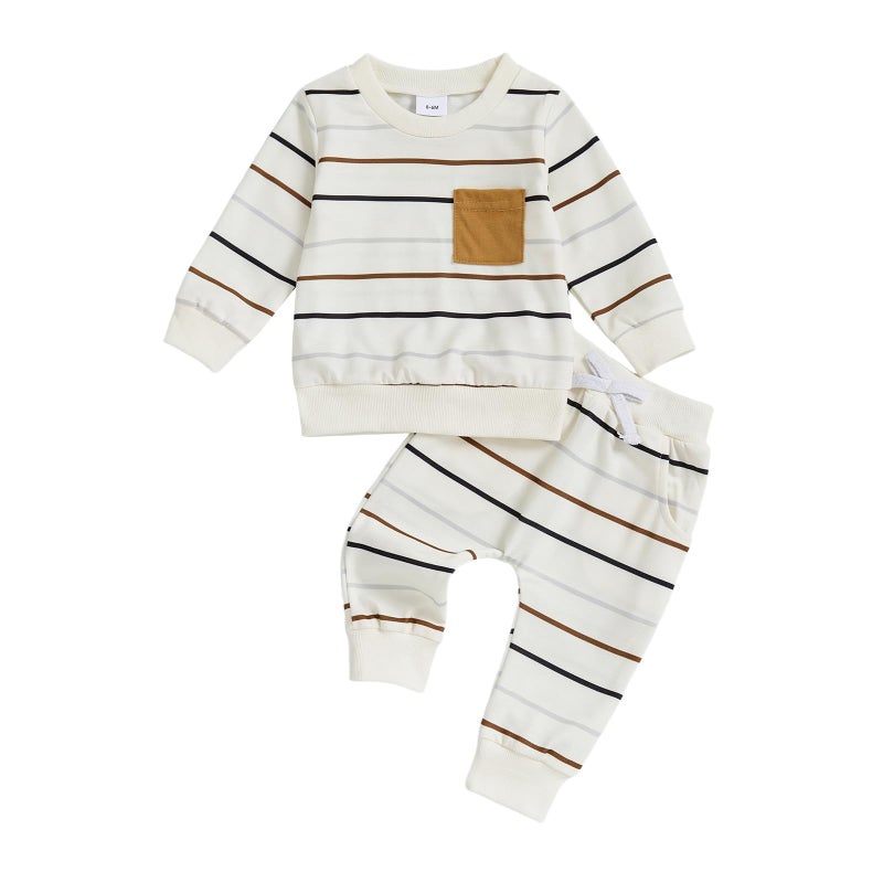 CIYCUIT Toddler Baby Boy Clothes Long Sleeve Striped Sweatshirt Pants Set Fall Winter Outfits White 0-6 Months - Image 1