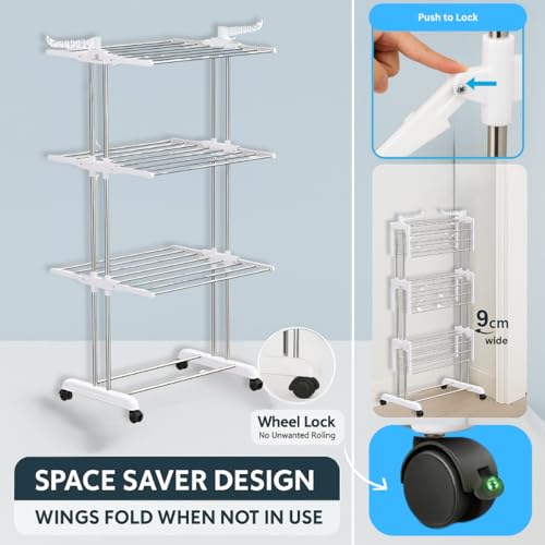 H Houseware Foldable Cloth Drying Stand Stainless Steel 3 Tier Heavy-Duty Clothes Dryer Indoor & Outdoor Use with Wheels & Hanger Slots Rust-Proof Laundry Rack (White), 121.9 x 68.6 x 167.6 Cm - Image 3